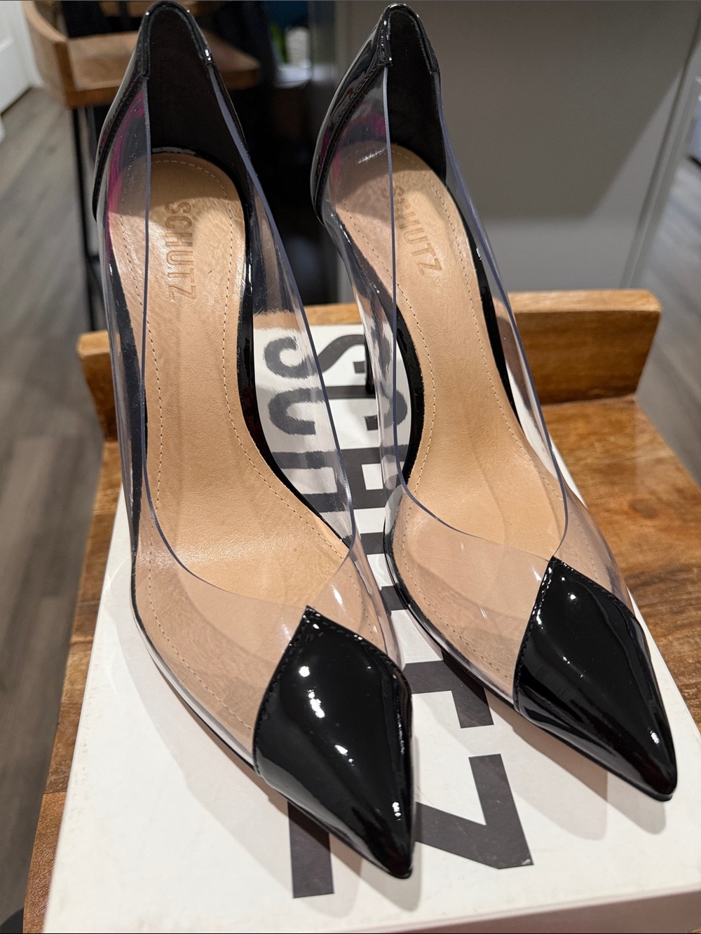 SCHUTZ Black and Clear Pointed Toe Pumps
